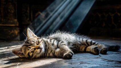 A kitten sleeps peacefully on a stone floor.