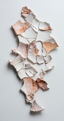 Broken ceramic shards arranged on a plain background