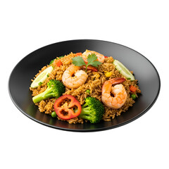 Shrimp Fried Rice with Broccoli and Tomato on Black Plate.