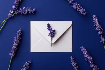 White envelope with lavender sprigs on a deep blue background
