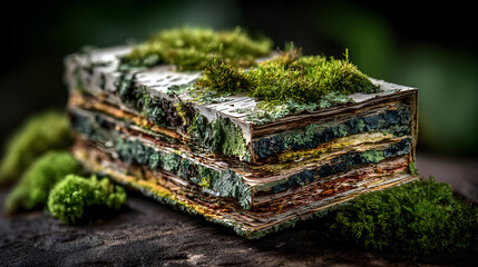 Layered moss-covered object on dark surface