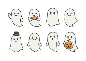 Cute cartoon ghosts with halloween themes and emotions
