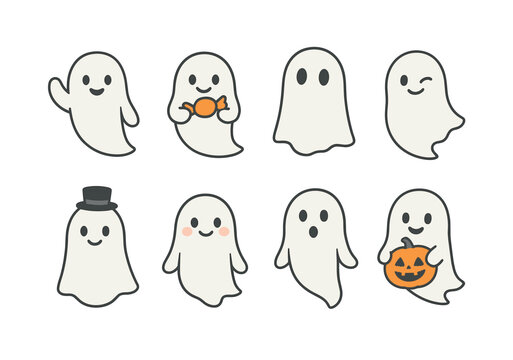 Cute cartoon ghosts with halloween themes and emotions