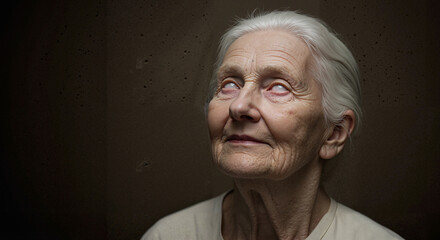Elderly woman with gray hair looking upward in soft light  