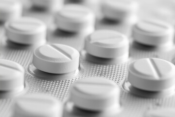 A close-up, low-angle shot of numerous pills scattered on a flat surface, with a shallow depth of field creating a soft, blurry background.
