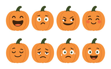 Cute pumpkin faces displaying varied expressions on a warm orange background