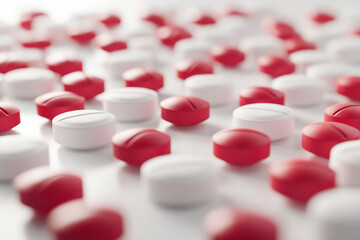 A close-up, low-angle shot of numerous pills scattered on a flat surface, with a shallow depth of field creating a soft, blurry background.
