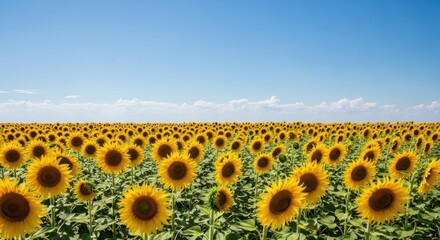 Obraz premium Vast Field of Vibrant Sunflowers Under a Clear Blue Sky