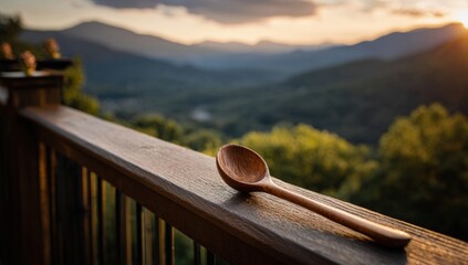 Wooden spoon resting on a mountaintop deck at sunset