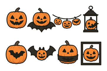 Spooky halloween jack-o'-lanterns and bats with lantern and frames