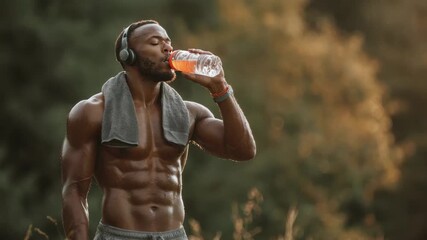 Muscular man drinks water after workout headphones towel nature, 4k video footage - Powered by Adobe