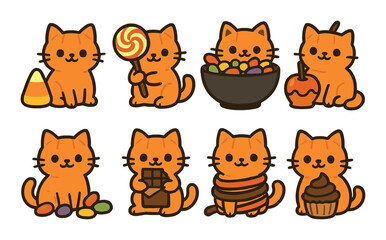 Cute cartoon cats with halloween candy and treats collection