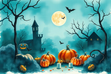 Spooky Halloween Night Scene with Pumpkins, Bats, and a Moonlight Castle