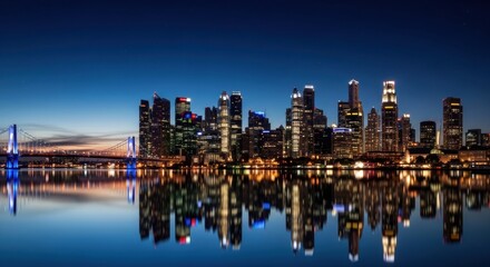 Obraz premium Vibrant Modern City Skyline with Blue-Lit Bridge Perfectly Reflected in Calm Water at Twilight