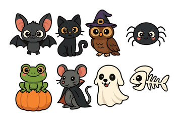 Naklejka premium Cute halloween characters: bat, cat, owl, spider, frog, mouse, ghost, fishbone
