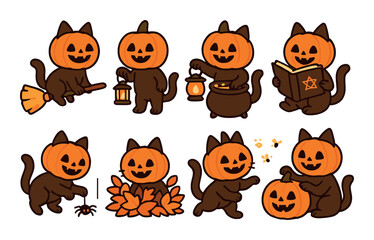 Fototapeta premium Cute cartoon cats with pumpkin heads in various halloween activities