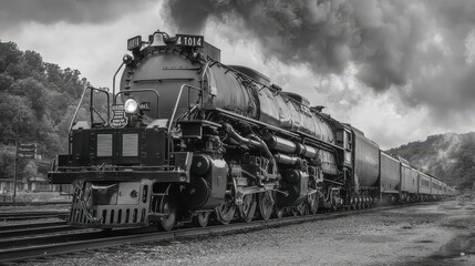 Naklejka premium Big Boy Train. Steaming Antique Locomotive Engine on Historic Narrow Gauge Mechanism