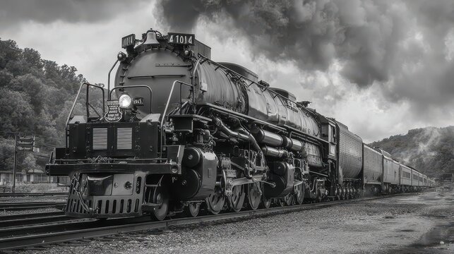 Big Boy Train. Steaming Antique Locomotive Engine on Historic Narrow Gauge Mechanism