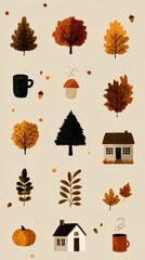 Autumn elements including trees, leaves, and cozy items in warm colors capturing the essence of fall