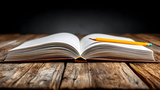 Open book with pencil on wooden table