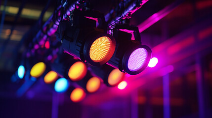 Colorful stage lights rigged above blurred venue, ready for event