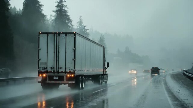 Semi Truck Driving in Heavy Rain on Highway, 4k video footage