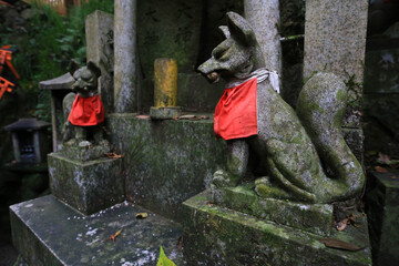 Stone fox guardians at Fushimi Inari Shrine in Kyoto, draped in red bibs, symbolize protection and...