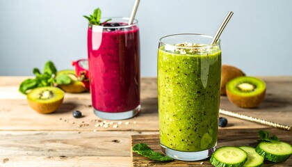 Two vibrant smoothies in glasses, surrounded by fresh fruit and garnishes, sit on a rustic wooden surface