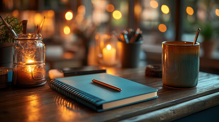 Cozy cafe writing Notebook, pen, tea, candlelight, evening bokeh