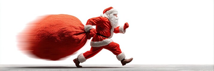 Santa Claus runs briskly while carrying a large red sack during the holiday season, capturing festive spirit and excitement