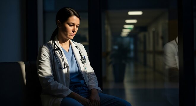 happy labor day tired female doctor sitting in hospital hallway