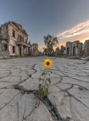 A single sunflower blooms amidst the ruins of a deserted town.