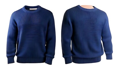 Two views of a solid dark blue crewneck sweater, one flat and one on a mannequin