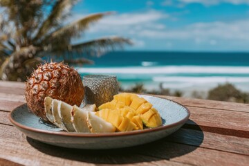 Tropical fruit platter on a wooden deck overlooking the ocean (1)