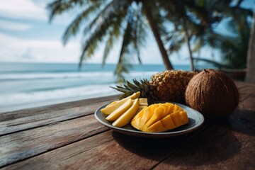 Tropical fruits on a wooden table overlooking the ocean