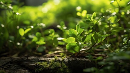 Obraz premium lush foliage, dense forest undergrowth, sunlight filtering through leaves, moss-covered forest floor, natural lighting, highly detailed, cinematic, unreal engine, digital art 