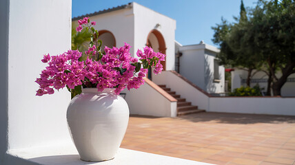Fototapeta premium Bougainvillea Bloom A Vivid Display of Pink Petals in a White Vase, Mediterranean House in Background