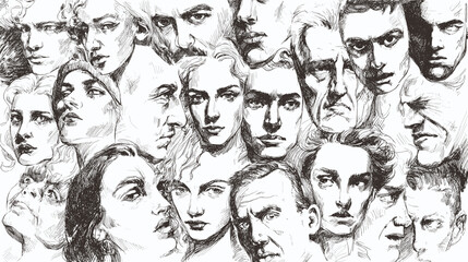 Collage of sketched faces with diverse expressions