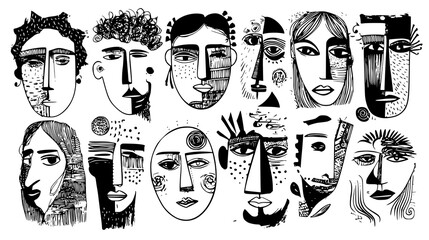 Abstract collection of stylized faces in black and white