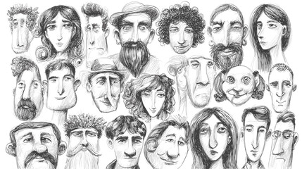 Collection of hand-drawn caricatures of diverse faces