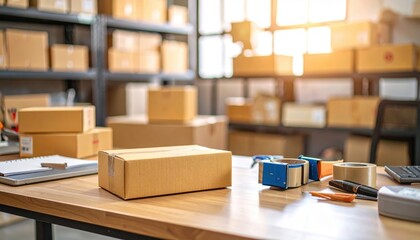 Cardboard Boxes and Shipping Supplies on Wooden Desk in Warehouse