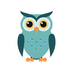 Teal owl with orange beak and feet large yellow eyes cartoon bird