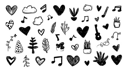 Hand-drawn doodles of hearts and music notes