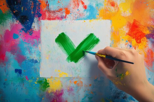 Hand painting green check mark on colorful abstract canvas
