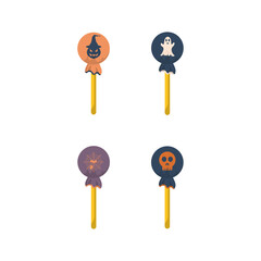 Bundle of isolated illustrations of round Halloween stick candy cartoons with white ghost images, group of bats, skull and spider web for templates, Halloween themed decorations.