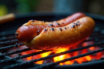 A juicy hot dog grilling over glowing embers on a barbecue, perfectly charred and sizzling Ready to be enjoyed in a bun with your favorite toppings , relish, onions, hot dog