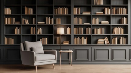 Elegant library or study with soft wall textures, refined furniture, and warm lighting