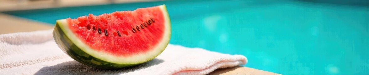 A juicy watermelon slice rests on a towel beside a pool, radiating summer refreshment and relaxation Perfect for summer, vacation, and healthy lifestyle concepts , vacation, still life