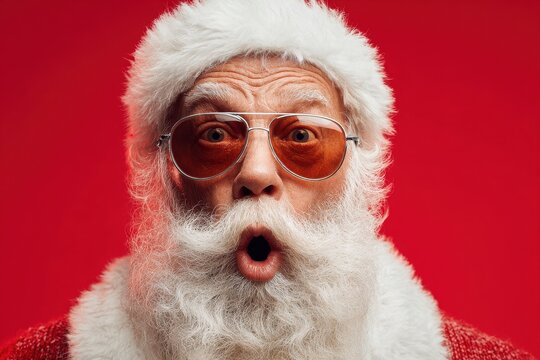 Christmas Closing. Santa Claus Covering Mouth with Astonishment in Bright Red Background