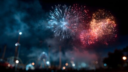 Fototapeta premium Vibrant fireworks light up the night sky over an amusement park carnival